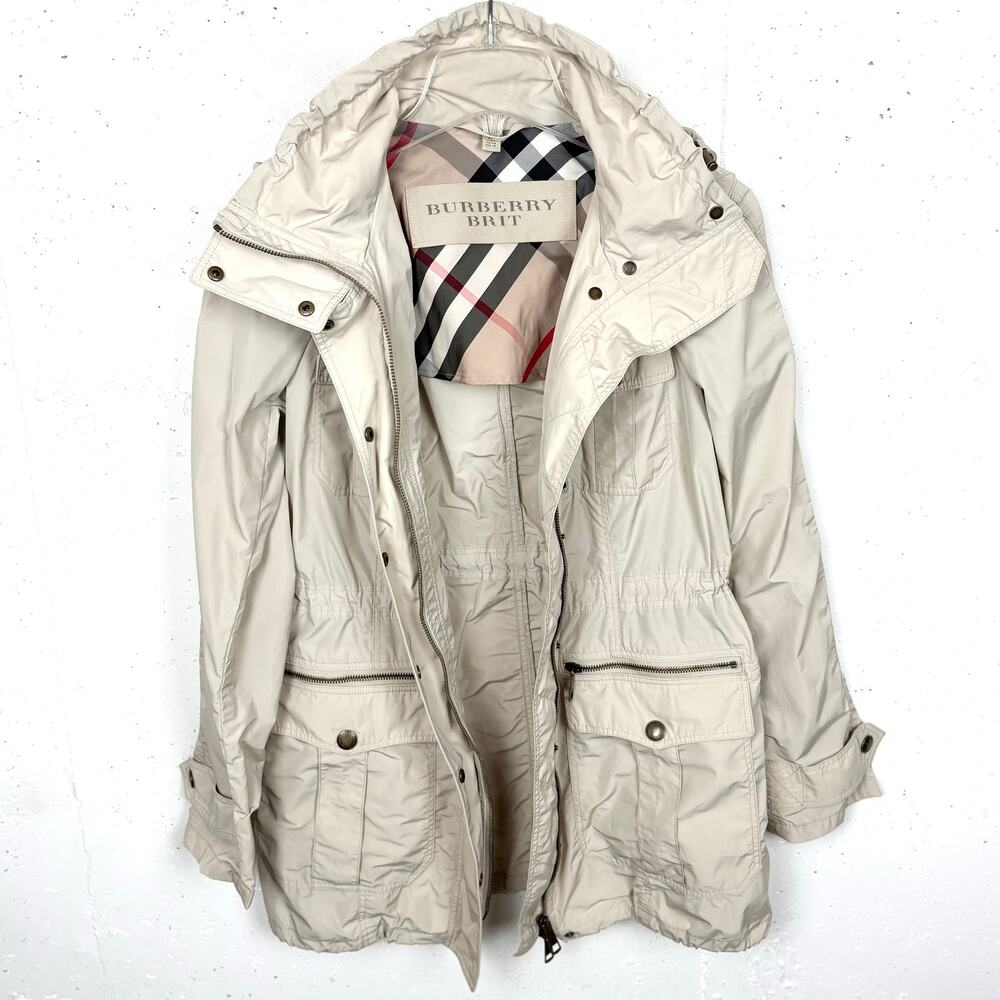 Burberry Brit Packable Field Jacket Windbreaker Detachable Hood Beige Tan Size 6 - Picture 4 of 16